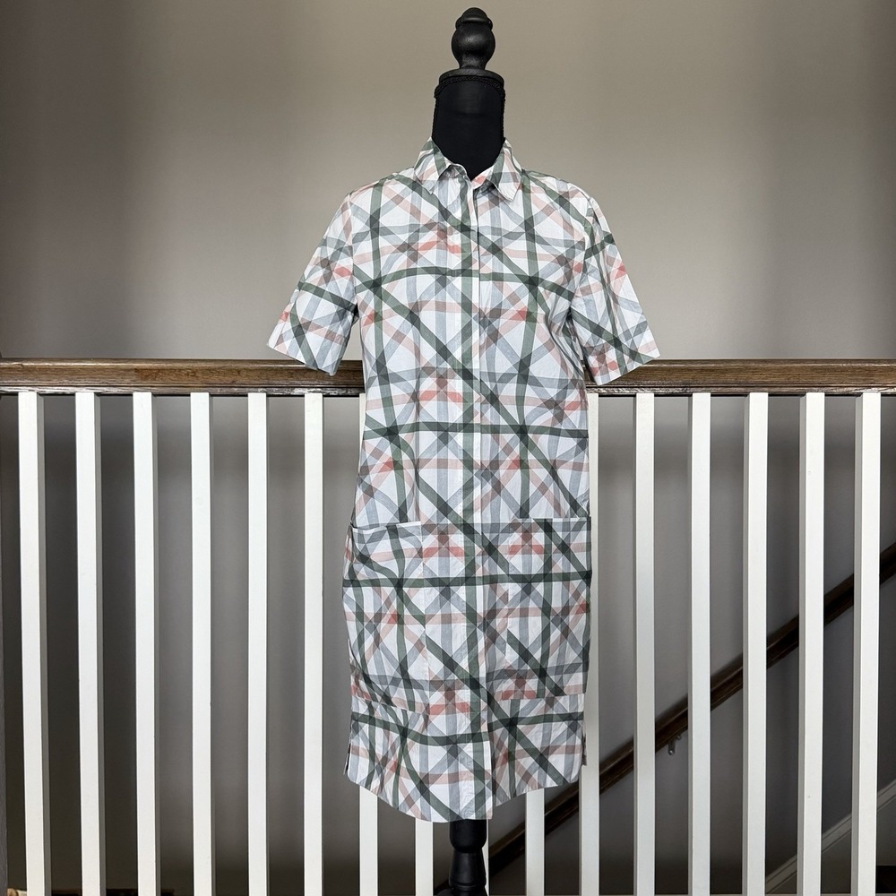 COS Plaid Button Front Short Sleeve Shirt Dress US Sz 2 Minimalist Cotton Preppy